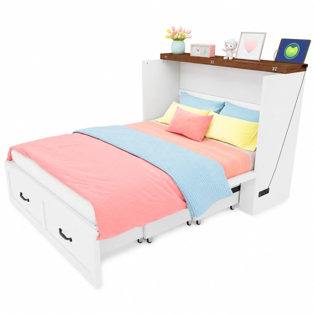 Letto a scomparsa pieghevole 140x200 cm in legno e metallo; bianco; con presa elettrica