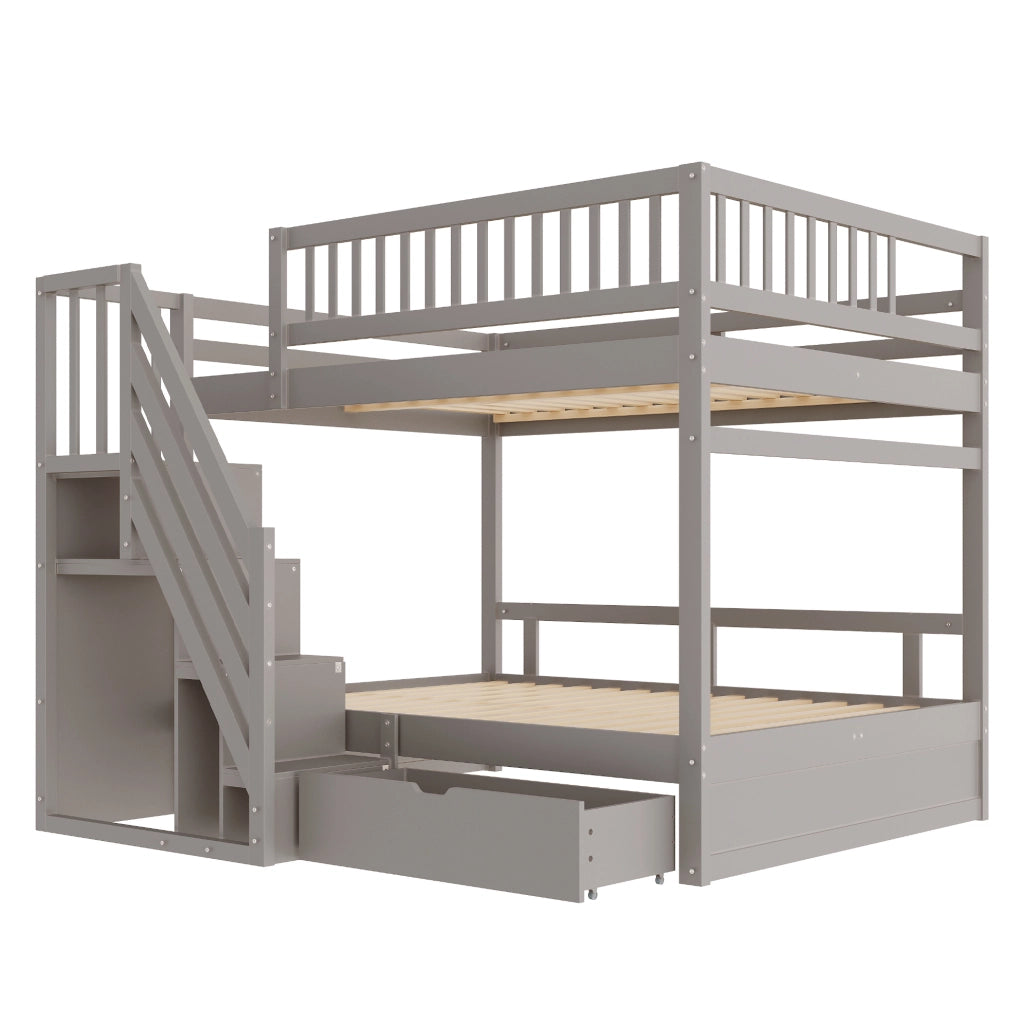Letto a castello in legno massello 140x200 cm con scala contenitore e cassetti