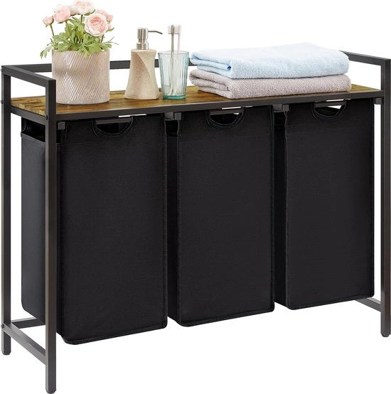 Cestino a 3 cassetti, capacità 120 litri, cestino con piede di appoggio e tasche estensibili, separatore di acqua per cucina, camera da letto, bagno, dormitorio, nero