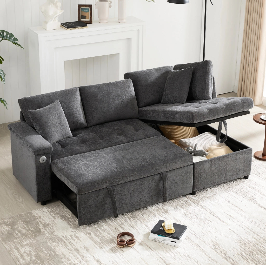 Divano letto angolare destro 3-4 posti con USB e contenitore