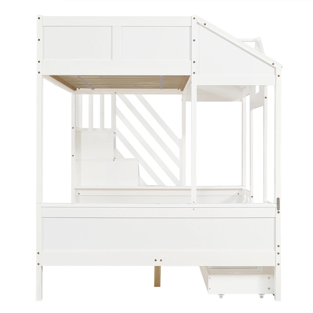 OKWISH Letto a castello 90×200 cm e 140×200 cm, Letto 3 Posti con 2 Cassetti, Mobile Scala e Design Casetta, senza Materasso