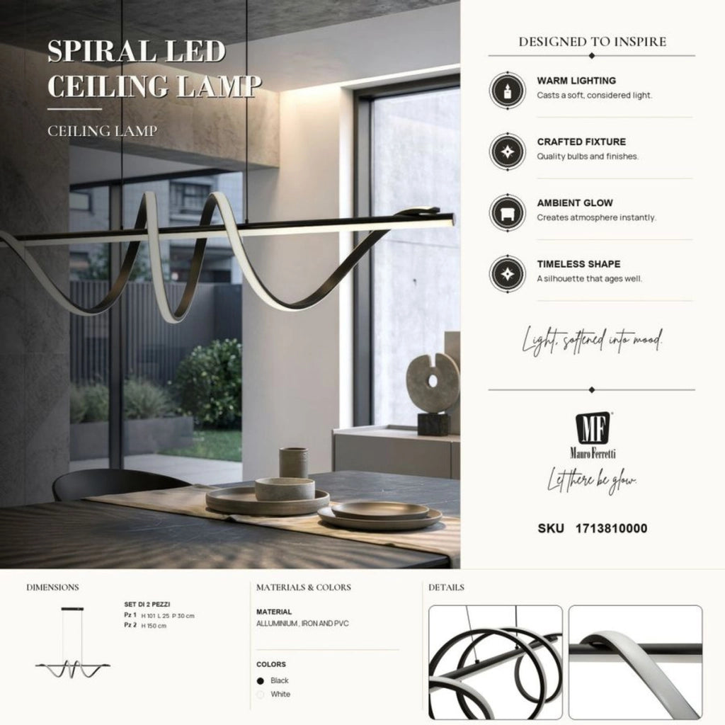 Lampadario a sospensione Spiral in metallo nero e alluminio