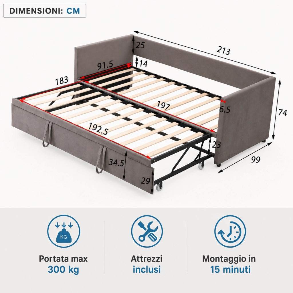 Divano letto in velluto grigio, trasformabile in 3 configurazioni, struttura robusta portata 300kg, divano multifunzione per soggiorno