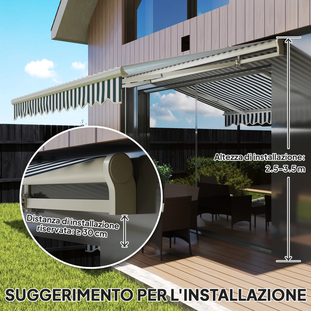 Tenda da Sole a Bracci Avvolgibile a Manovella in Metallo e Alluminio. 4x2.5m. Verde e Bianco