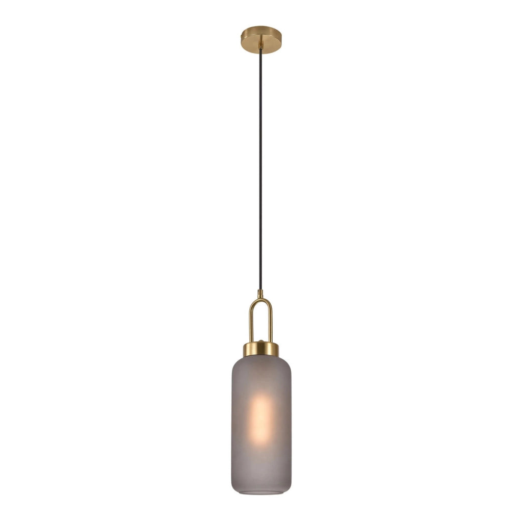 Lampada a sospensione Luton — vetro fumé opaco e ottone, cilindro ø 13 cm