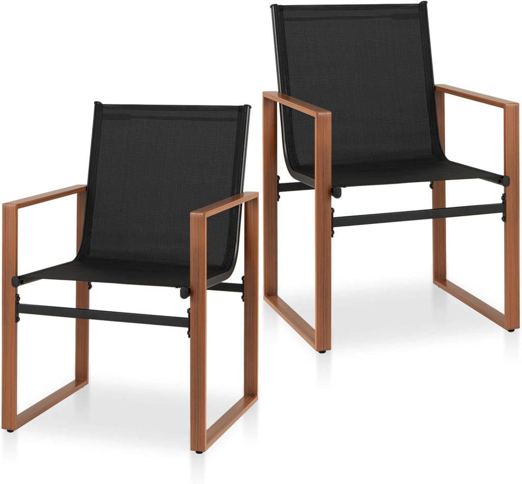 Set di 2 Sedie da Giardino Ergonomico in Tessuto e Metallo, Sedie da Pranzo da Esterno con Schienale Inclinato e Braccioli, Sedia da Patio, Terrazza, Balcone, Portata 150kg (Marrone)