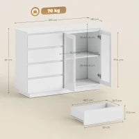 Credenza Buffet in Legno con 4 Cassetti e Armadietto con Ante in Vetro e Ripiani Regolabili, 120x40x91 cm, Bianco