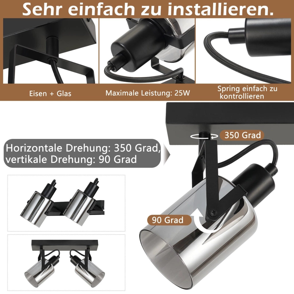 ZMH Faretto da soffitto 2 fiamme vetro grigio fumo E14 per camera letto