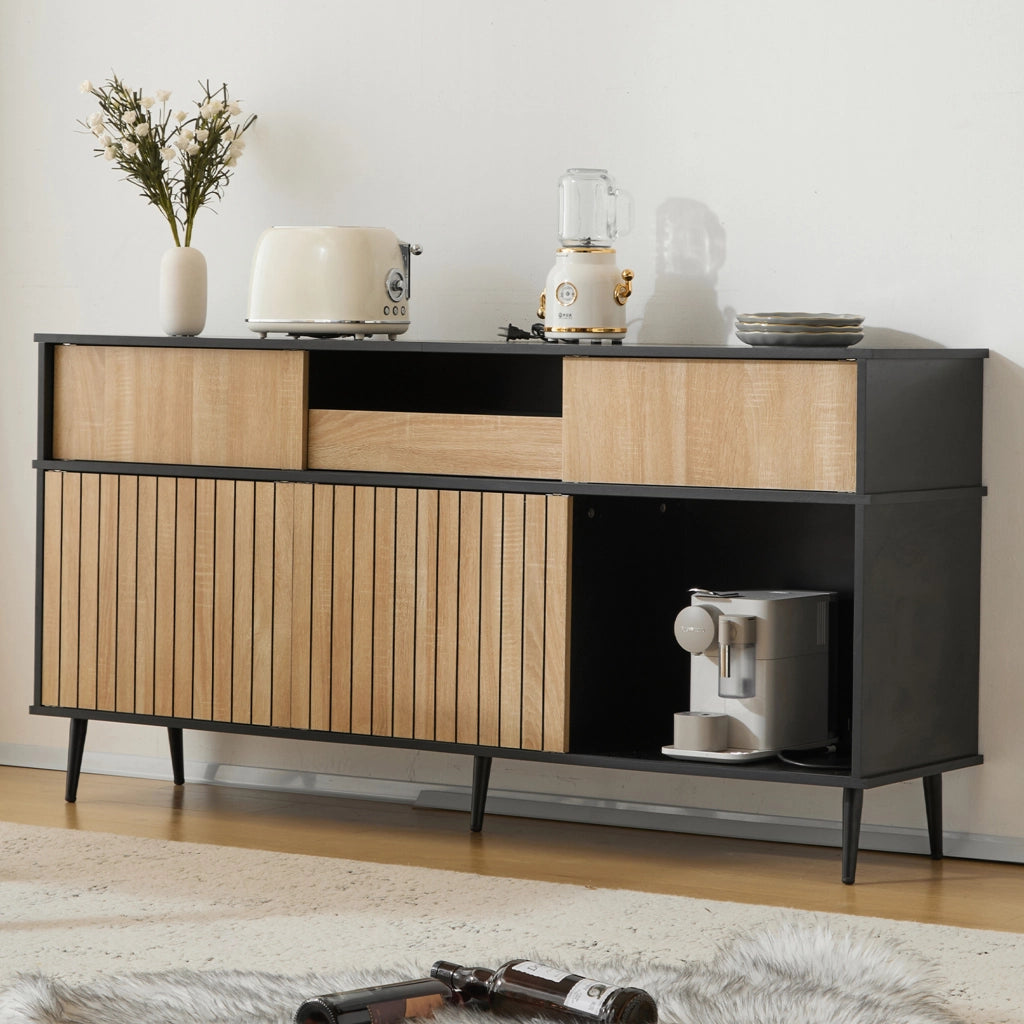Credenza moderna con 4 ante scorrevoli e 1 cassetto, effetto quercia e nero, 160 x 40 x 80 cm