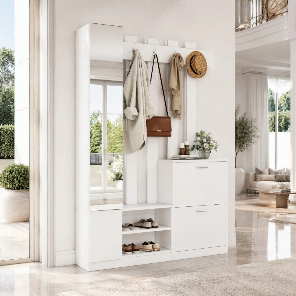 Set ingresso con specchio 135 x 25 x 180 cm, scarpiera salvaspazio con 2 scarpiere a ribalta, vani portaoggetti e 5 ganci, bianco
