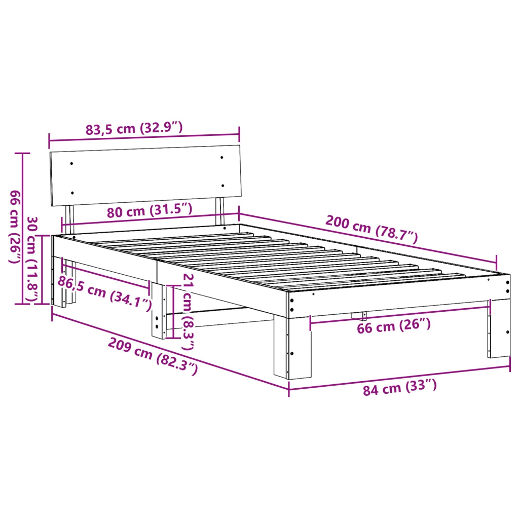 Struttura Letto con Testiera Marrone Cerato 80x200 cm Legno Massello di Pino