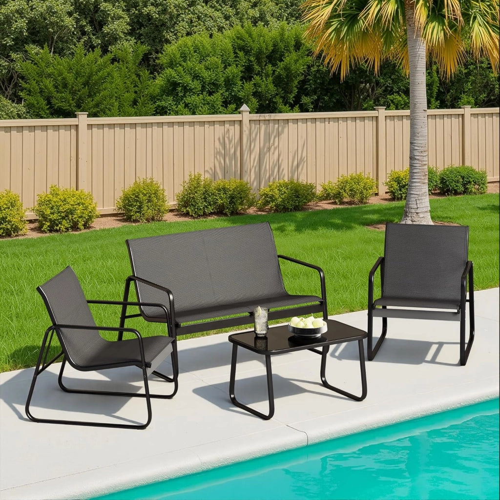 Set da Giardino 4 Pezzi, Mobili da Esterno in Tessuto Teslin, Salotto da Patio con 2 Poltrone, 1 Divano Doppio e 1 Tavolino in Vetro, per Giardino, Balcone e Terrazza (4pcs Set)