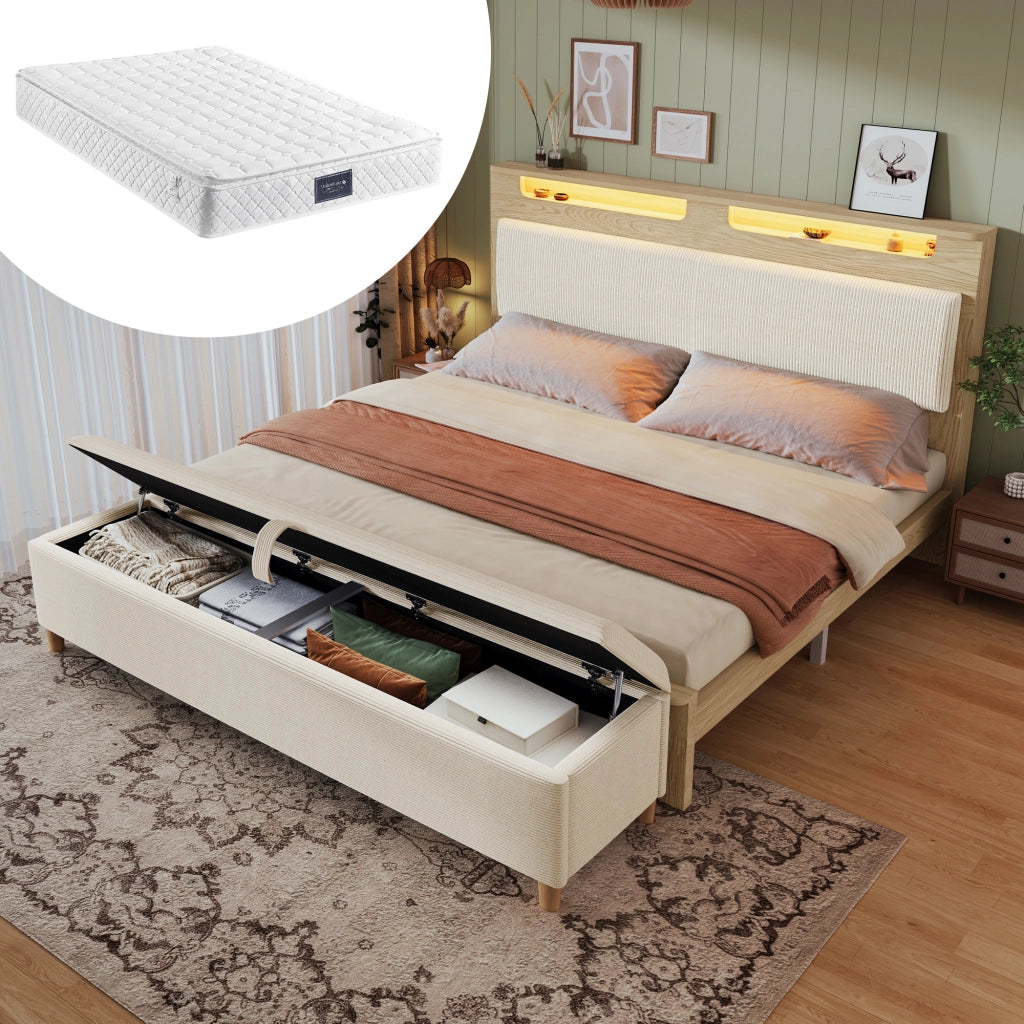 LETTO matrimoniale 160x200 cm con materasso, LED, panca contenitore, rovere chiaro e beige