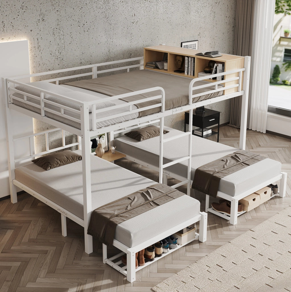 Letto a castello in metallo con 3 posti letto; 140x200 e 2x90x200 cm; bianco e naturale