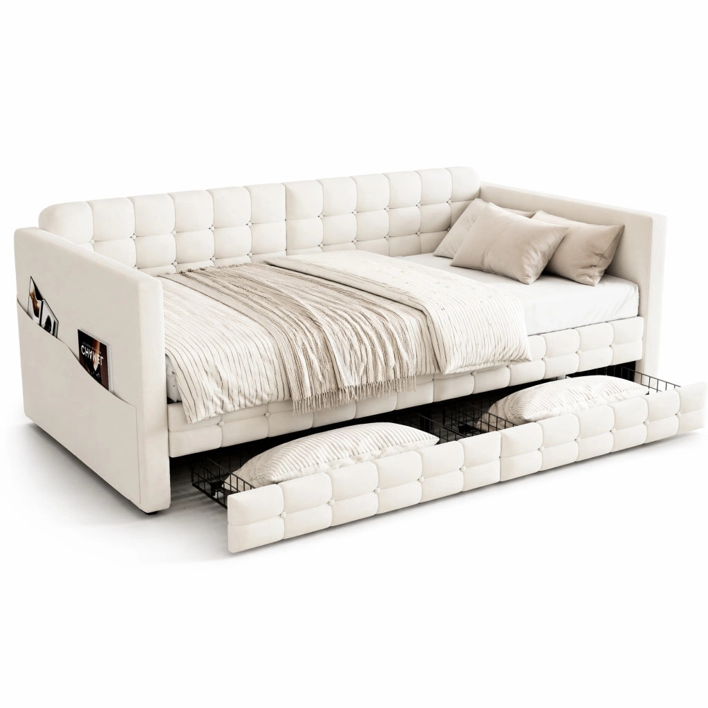Letto imbottito 90x190 cm con contenitore, tasche laterali, 2 cassetti, tessuto effetto velluto, beige