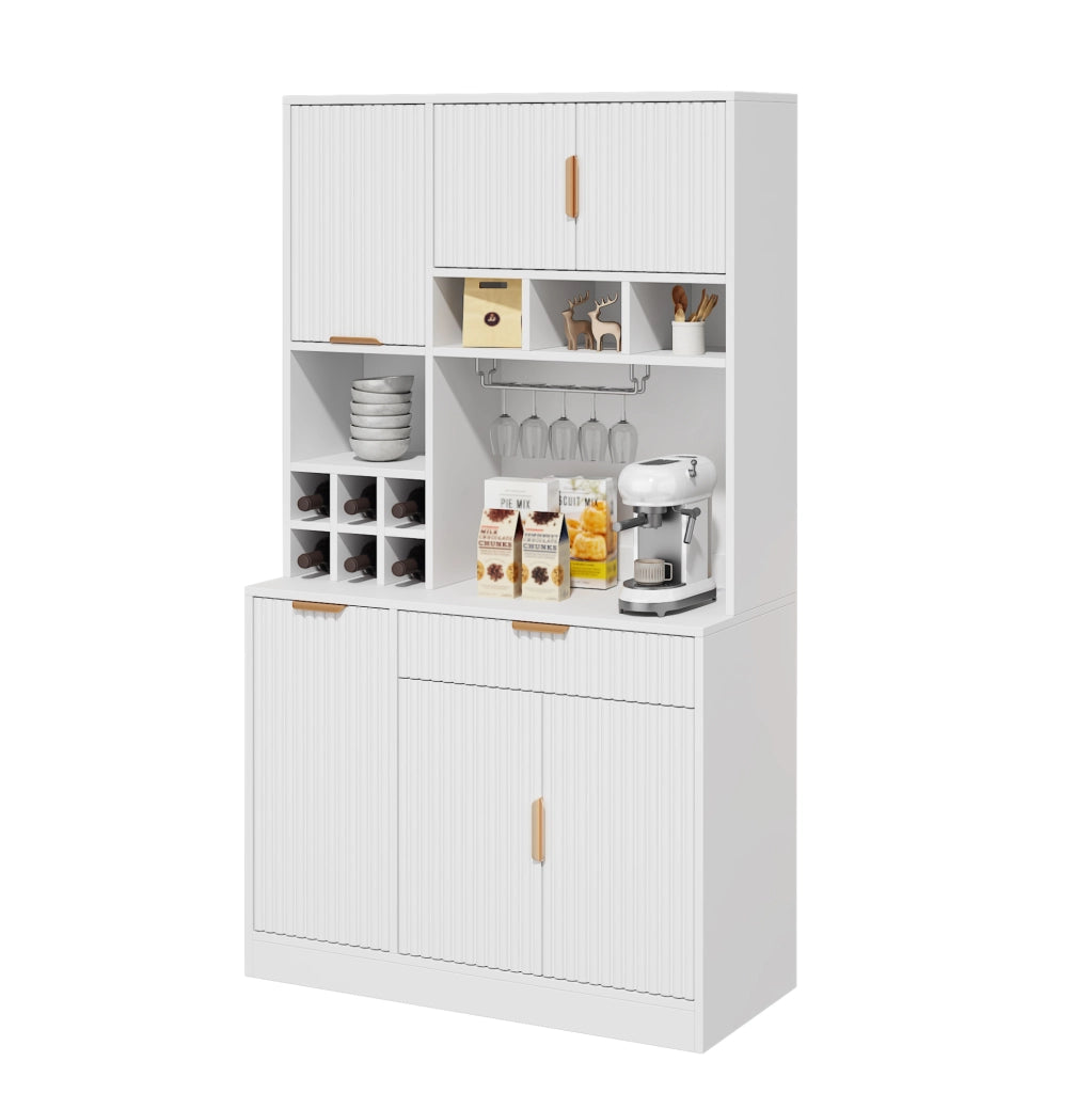 Credenza 100x40x175 cm con ripiani regolabili; prese integrate; portabicchieri e portabottiglie in pannello truciolare bianco