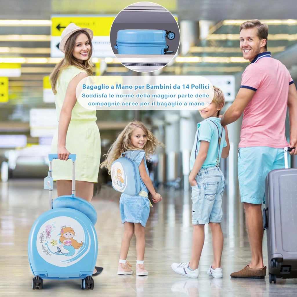 Set di Valiglie per Bambini, Set da 4 Pezzi con Trolley, Zaino, Cuscino per Collo ed Etichetta per Bagaglio, Valigia a Mano da Viaggio con Ruote Universale e Maniglia Regolabile (Sirena)