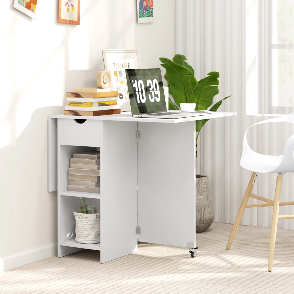 Tavolo da pranzo - pieghevole per 2-4 persone - con ripiani e cassetto - 114;5x70x75 cm - bianco