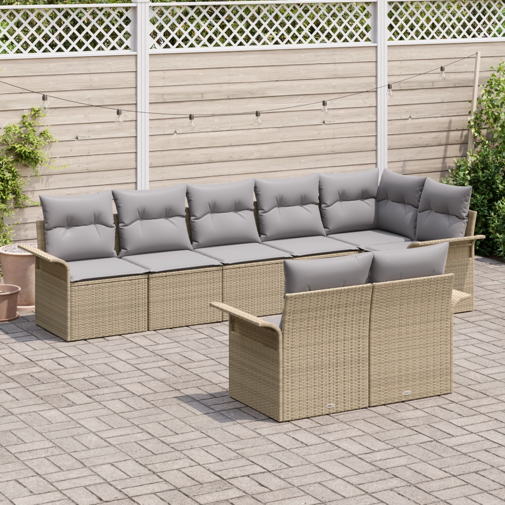 Set di Divani da Giardino a 8 Pezzi con Cuscini Beige Rattan Poliestere