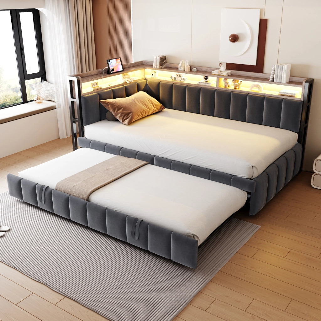 Divano letto con letto estraibile, luci LED e vani portaoggetti, porte USB e USB-C integrate, in velluto grigio scuro
