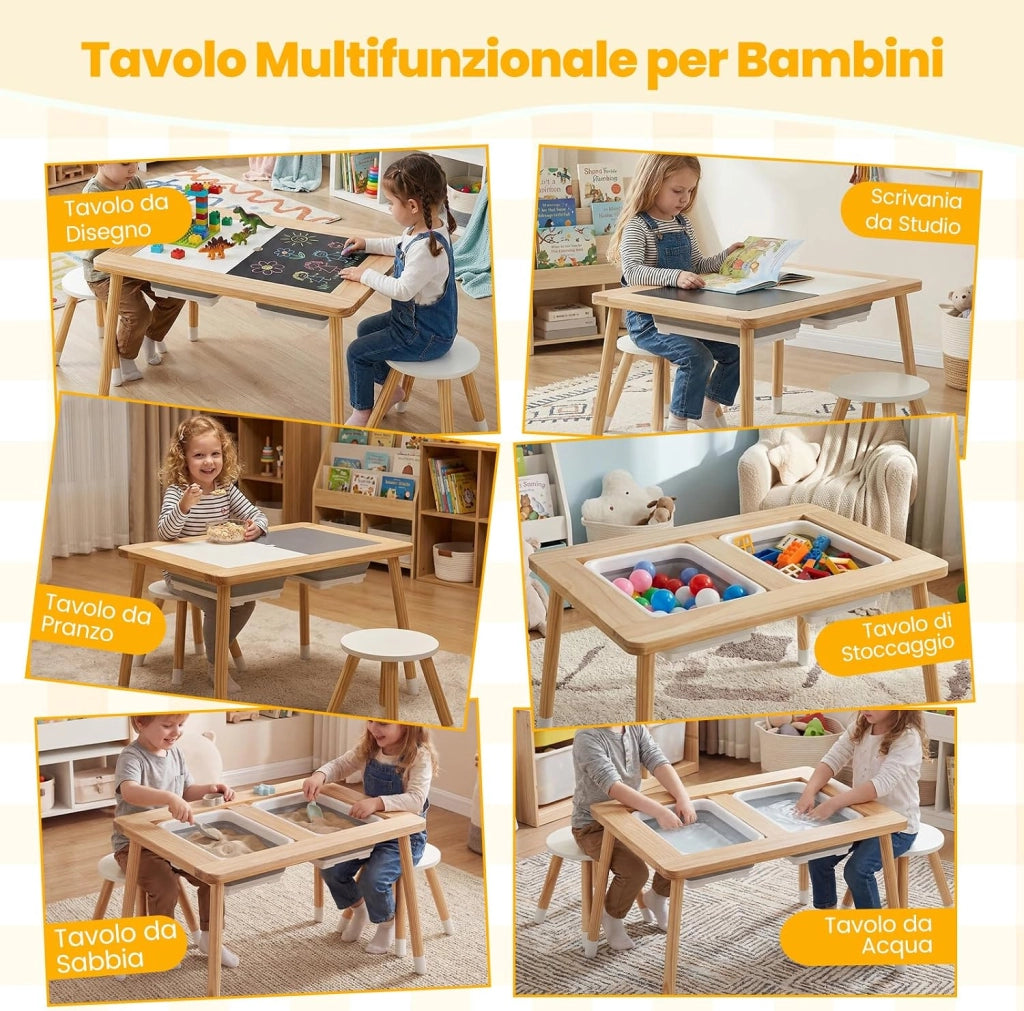 Set Tavolo con 2 Sedie per Bambini 3+ Anni, Tavolo e Sedie con Piano Doppio Lato Rimuovibile e 2 Contenitori, Gambe Robuste in Legno, Tavolo Attività per Gioco e Disegno (con Sedie Rotonde)