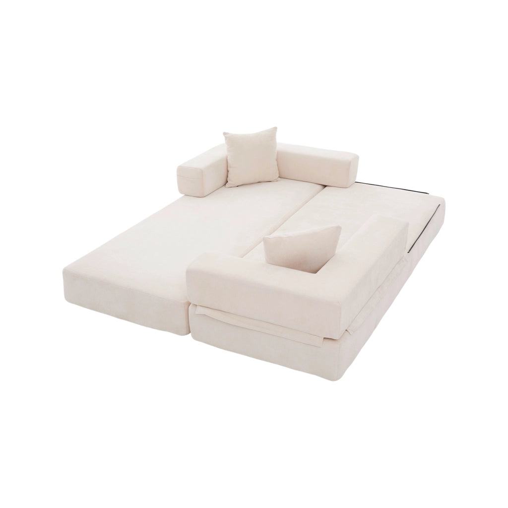 Divano modulare in tessuto Chenille beige con tasche laterali, base antiscivolo e struttura DIY