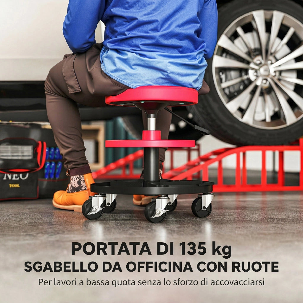 Sgabello da Officina Altezza 40-51 cm con Ruote Capacità fino a 135 kg con Vassoi Porta Utensili in Acciaio e Pelle