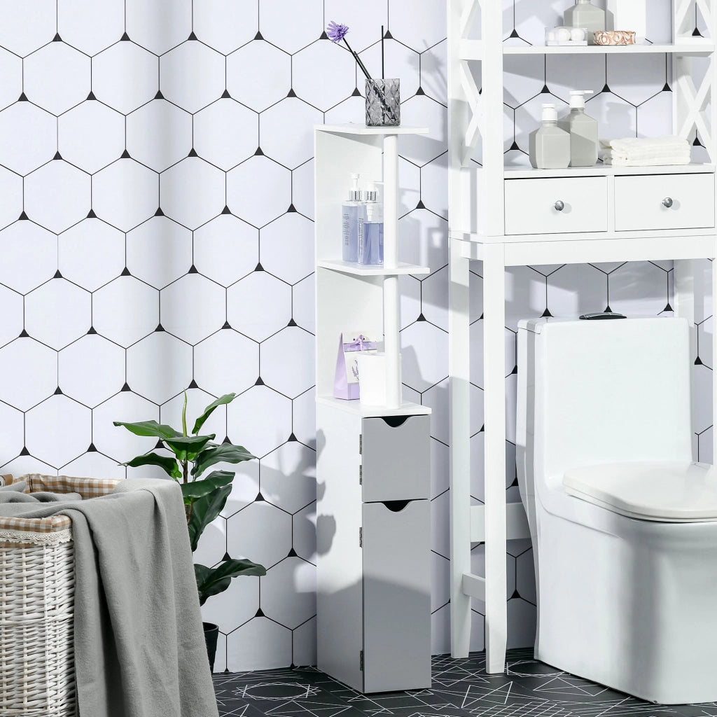 Colonna Bagno con 2 Ripiani e 2 Armadietti, in Legno, 15.2x29.8x118 cm, Bianco e Grigio