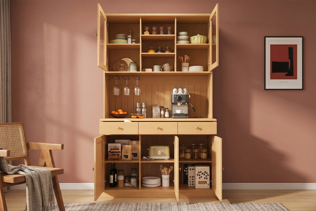 Credenza alta con vetrina, 1 cassetto e prese USB, per cucina e sala da pranzo, rovere naturale, 120 × 40 × 191 cm