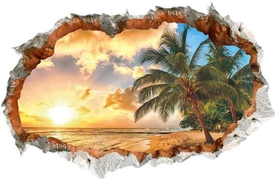 Sticker per Parete 3D ZONSONDERGANG I Affresco per Parete: 90x60 cm I Sticker per Parete Mare Spiaggia Isola Palma Caraibica Poster Vista Finestra I Decorazione per Parete per Salotto Camera da Letto Cucina Deursticker