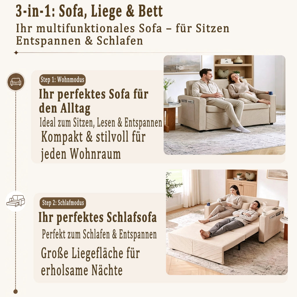 Divano letto 2 posti con trasformazione scorrevole e porte usb in legno e tessuto beige 195 × 134 × 73 cm