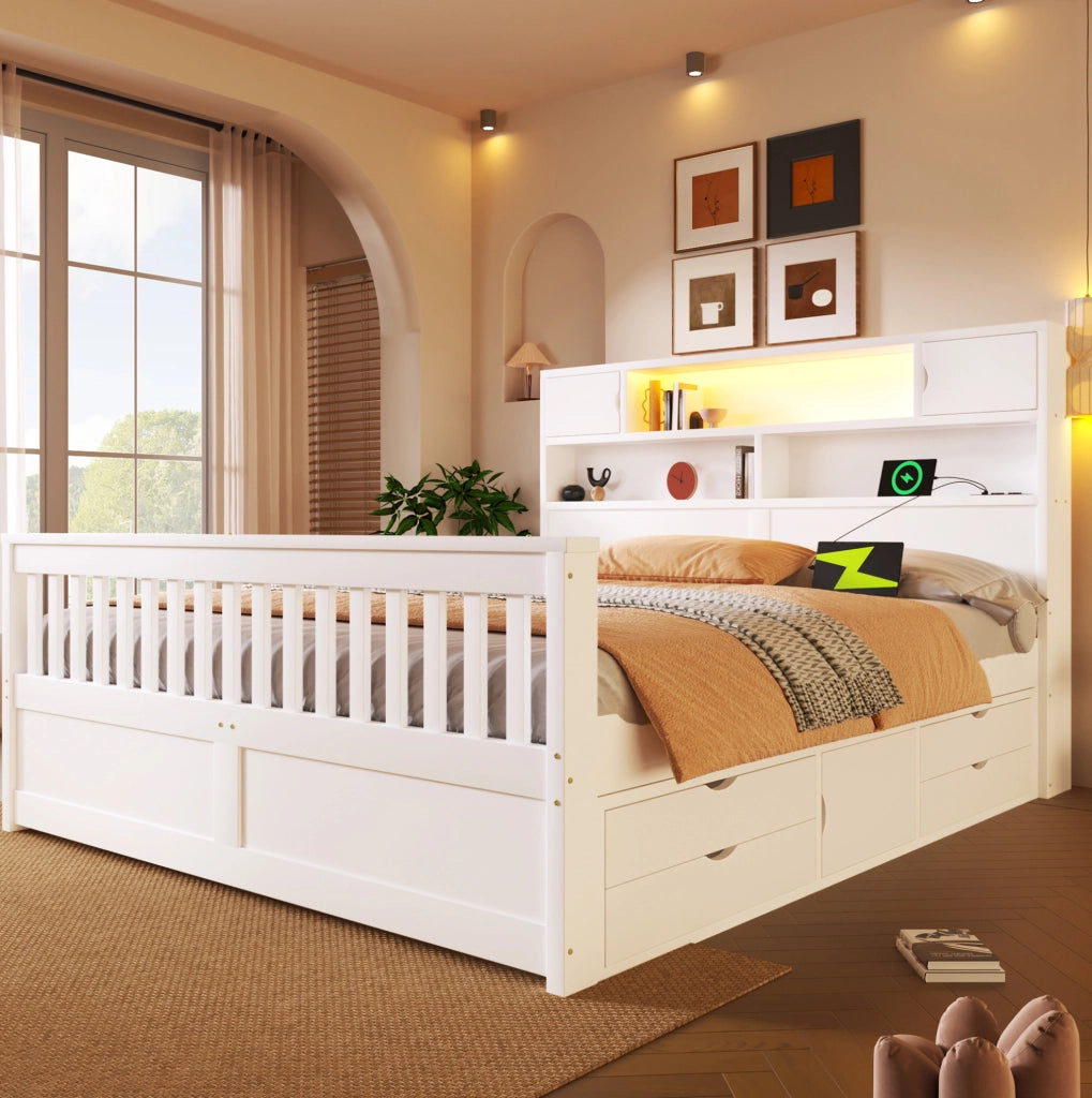 Letto 160x200 cm con cassetti; LED e testiera libreria in MDF e compensato bianco