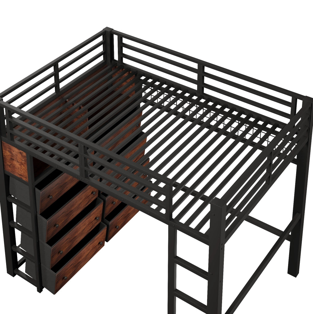 Letto a soppalco 140x200 cm con 8 cassetti, scaffali, pannello forato e LED