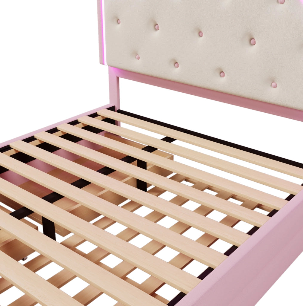 Letto imbottito per bambini 140x200 cm con rete, luce LED e cassetti
