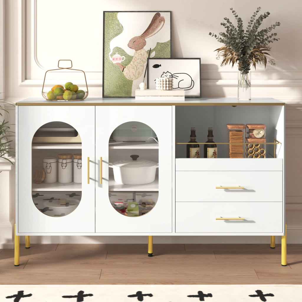 Credenza e Madia con 2 Cassetti e 2 Ante in Vetro; Passacavi; Stile Moderno; in MDF; Bianco; 140??38??90 cm