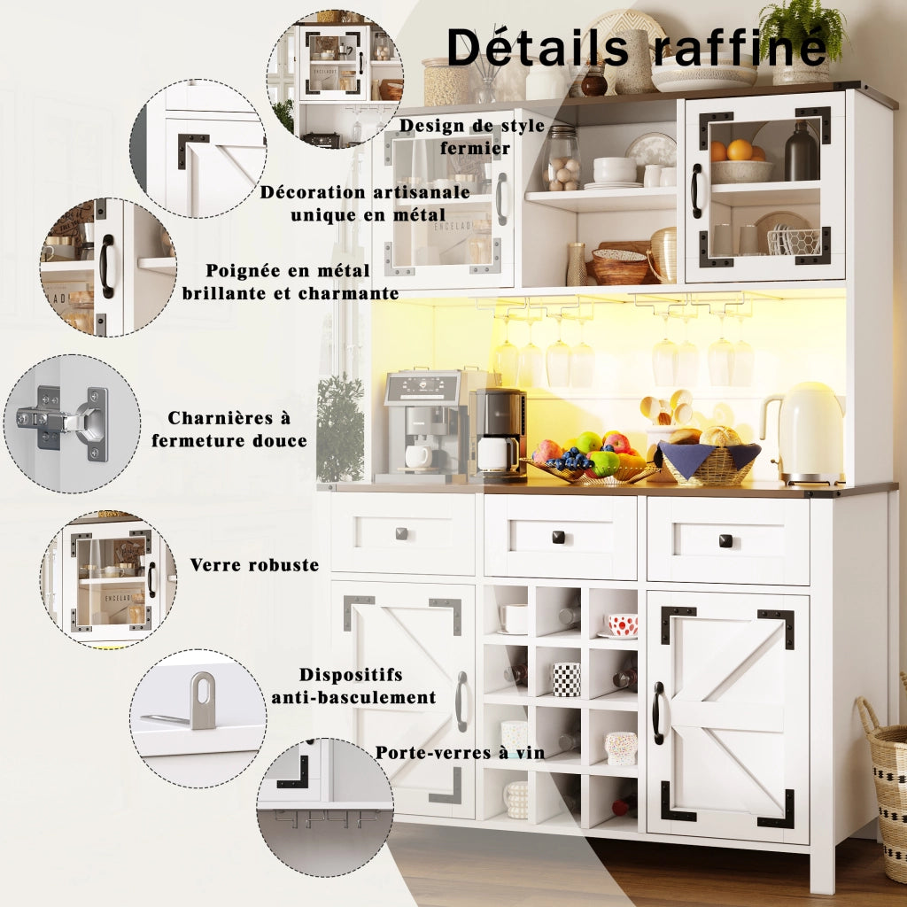 Credenza Alta da Cucina con 4 Ante; 3 Cassetti; LED; Prese e USB; in MDF e Vetro; 120 x 40 x 170 cm; Bianca