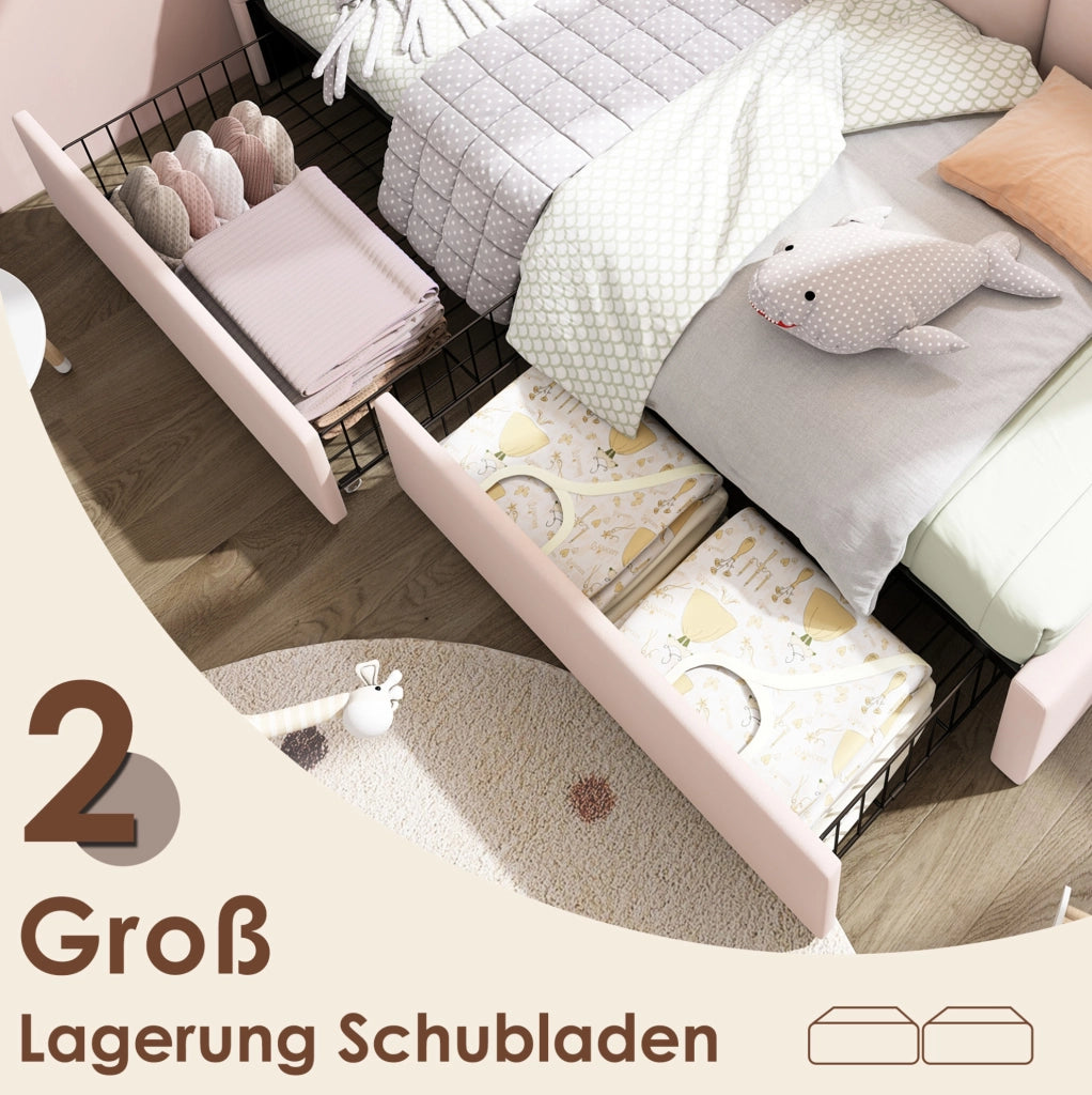 Letto singolo imbottito 90x200 cm rosa con 2 cassetti