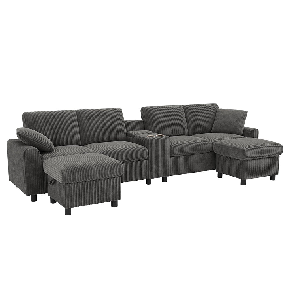 Divano a U in velluto - Xylo - Con 2 poggiapiedi, USB, Type-C, grigio (315cm)