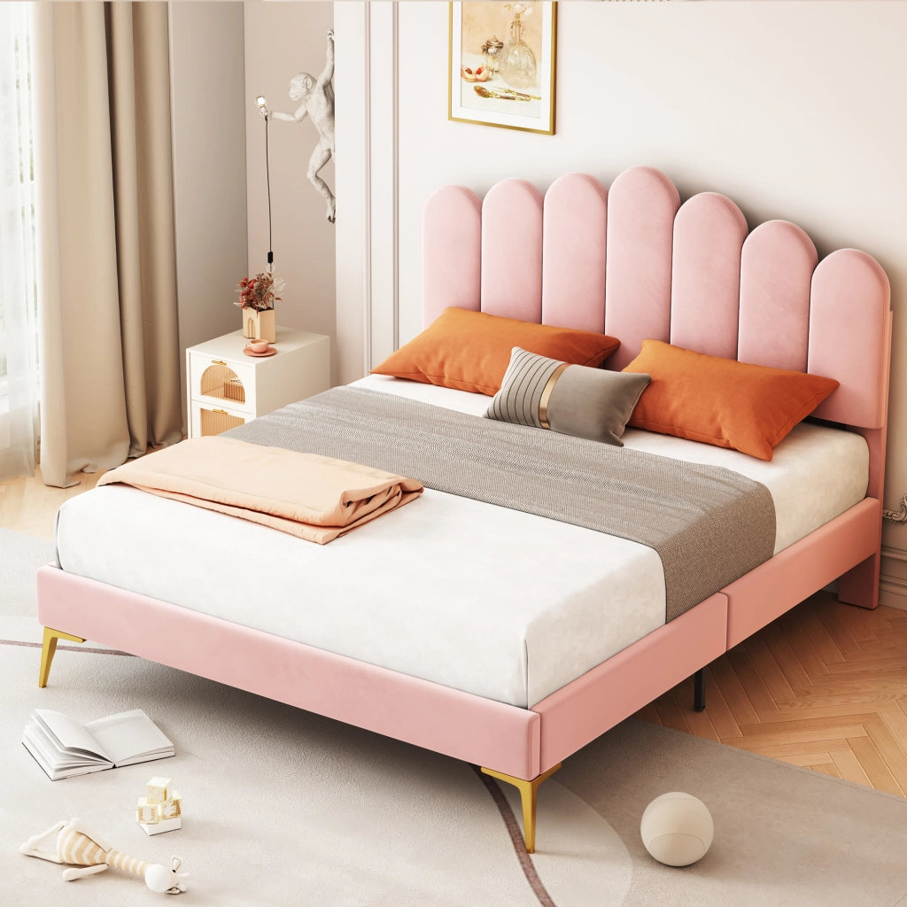 Letto imbottito matrimoniale 140×200 cm con testiera regolabile e rete a doghe; senza materasso; velluto rosa