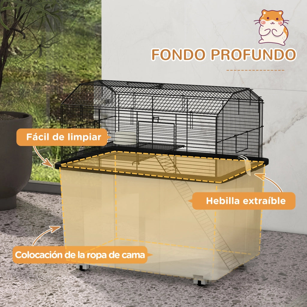 Gabbia per criceti ¨C Xylo ¨C con fondo profondo, piattaforma, ciotola, beverino, rampa e ruote 57x43x57 cm nero