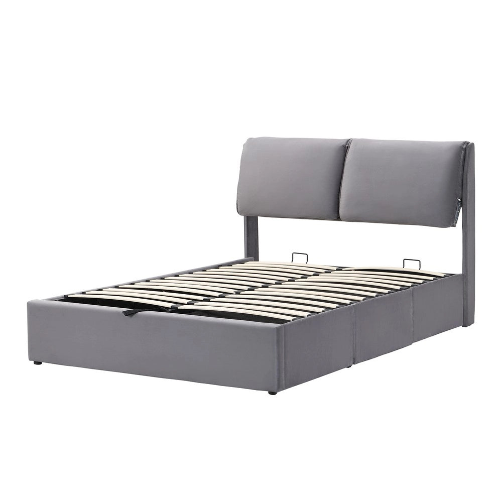 Letto Contenitore Imbottito con Testiera ¨C Xylo ¨C Velluto Grigio 140x200, Cassetti, Rete a Doghe