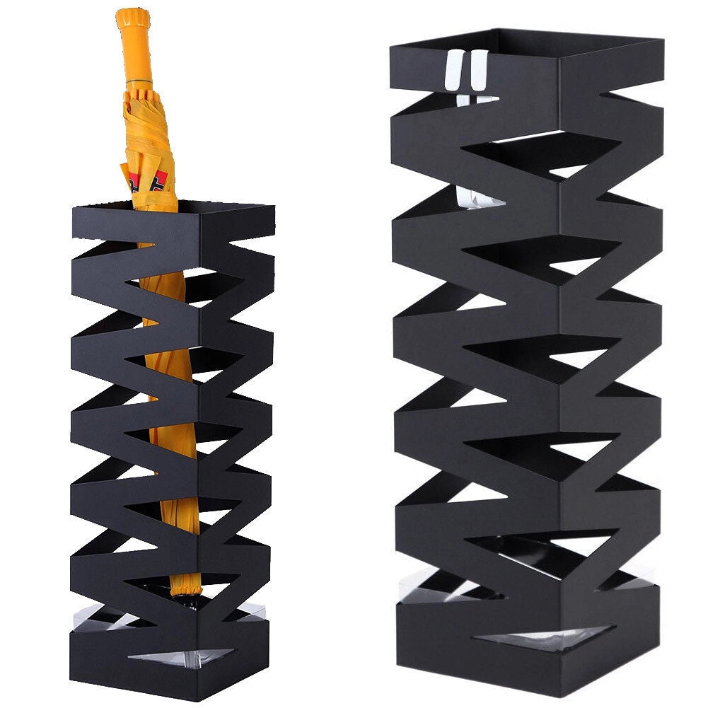 Portaombrelli in Metallo Design Quadrato Stand Nero Vaschetta Salvagoccia
