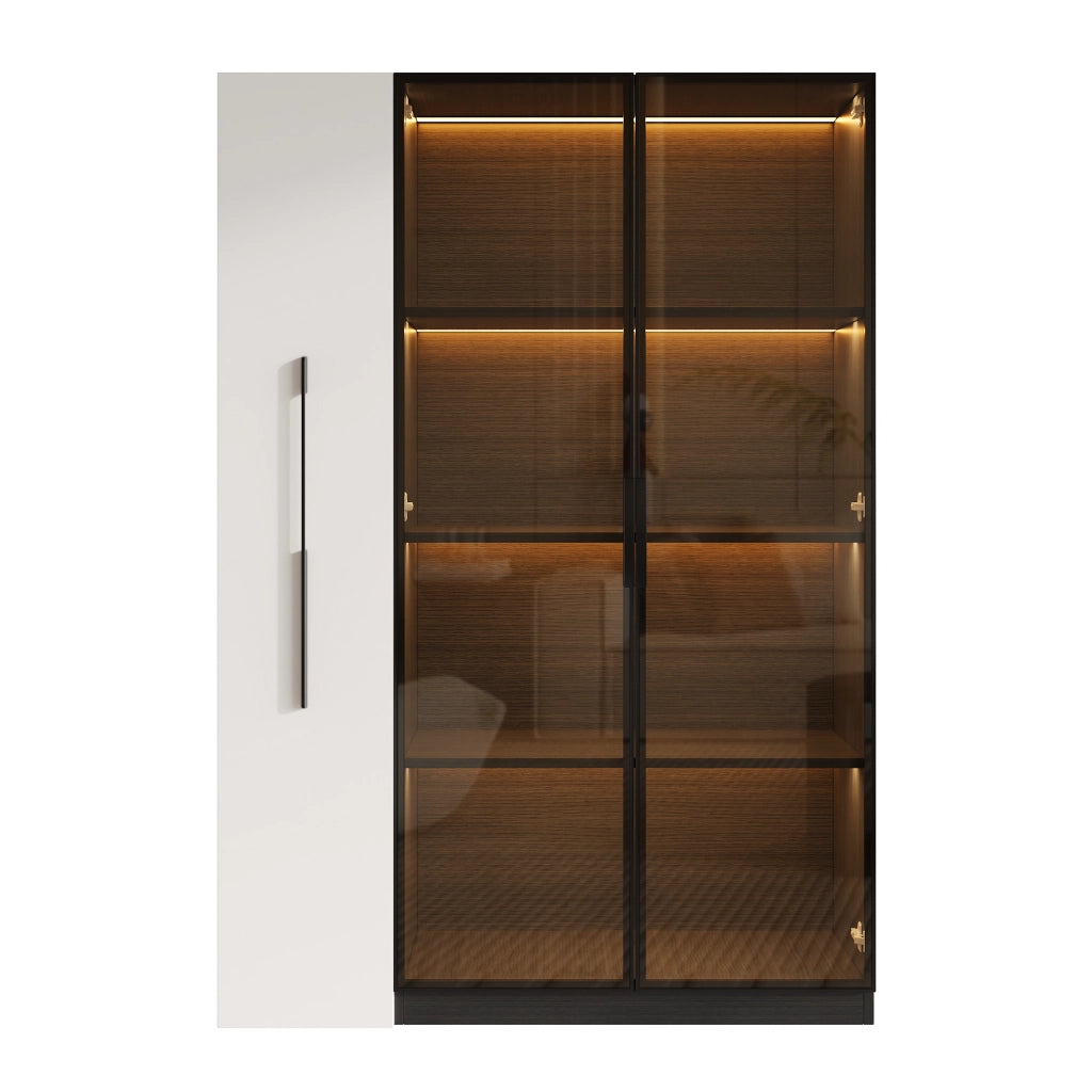 Vetrina in vetro LED 110,5x35x160 cm, design nero e bianco, con estraibile laterale e vani contenitivi