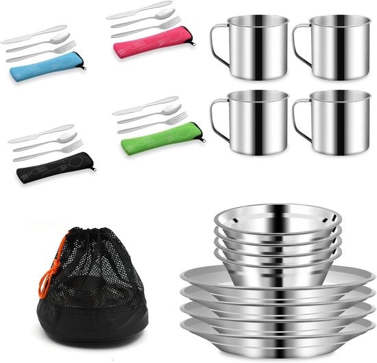 Kit di Servizio da Campeggio in Acciaio Inossidabile - 29 Pezzi con Coperchi, Piatti, Tazze, Forchette, Cucchiai e Coltelli per 4 Persone