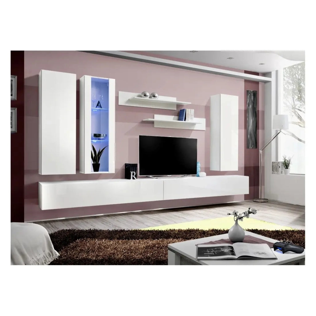 Mobile TV FLY E4 design, colore bianco lucido. Mobile sospeso moderno e alla moda per il tuo soggiorno.