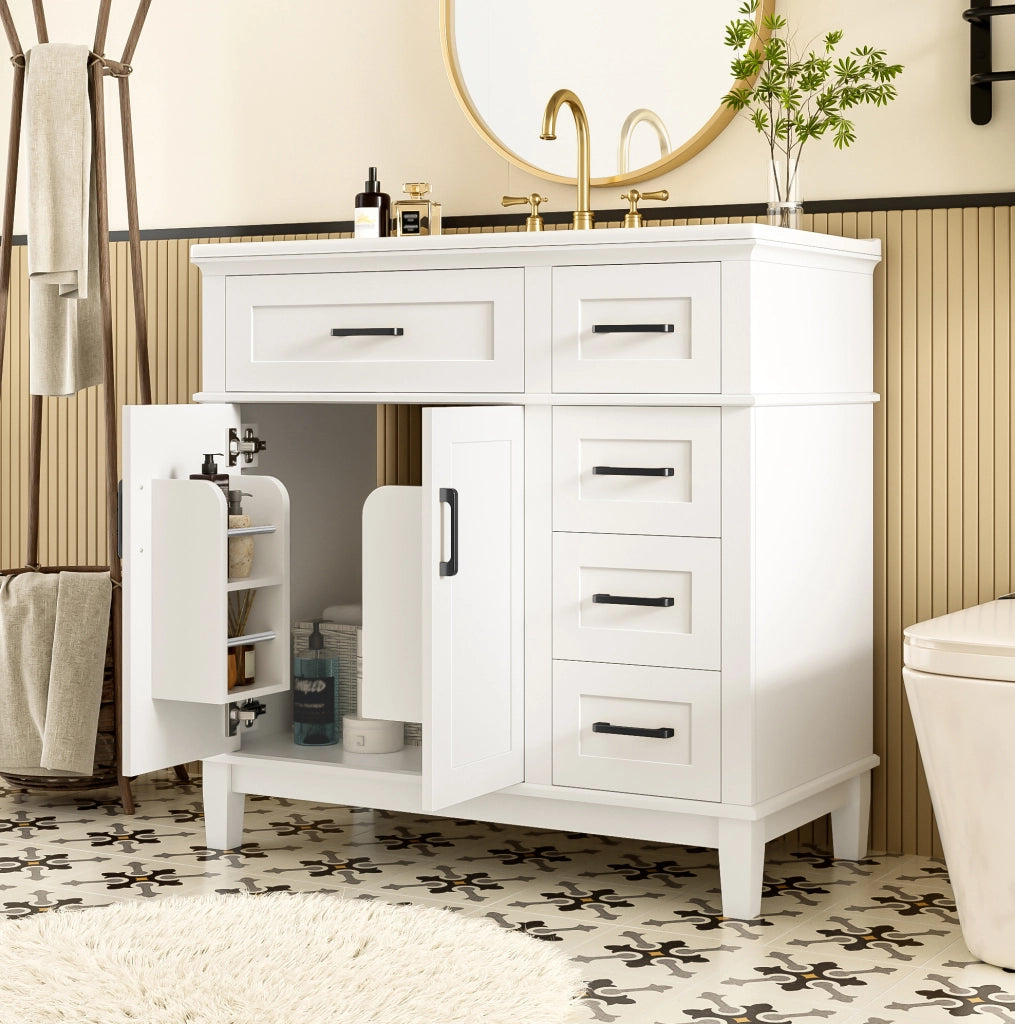 Mobile bagno da terra bianco con lavabo in ceramica, 4 cassetti e ante