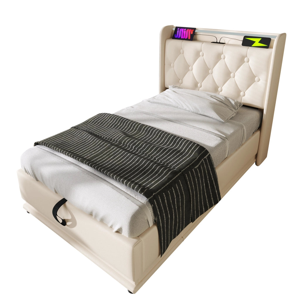 Letto singolo imbottito 90x200 cm in PU bianco con LED 360°, USB e contenitore idraulico