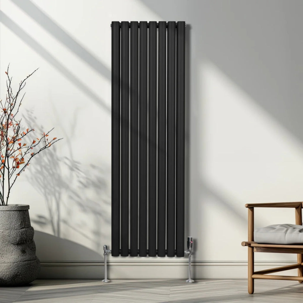 Radiatore a colonna ovale e valvole cromate TRV Designer nero 1600mm x 480mm