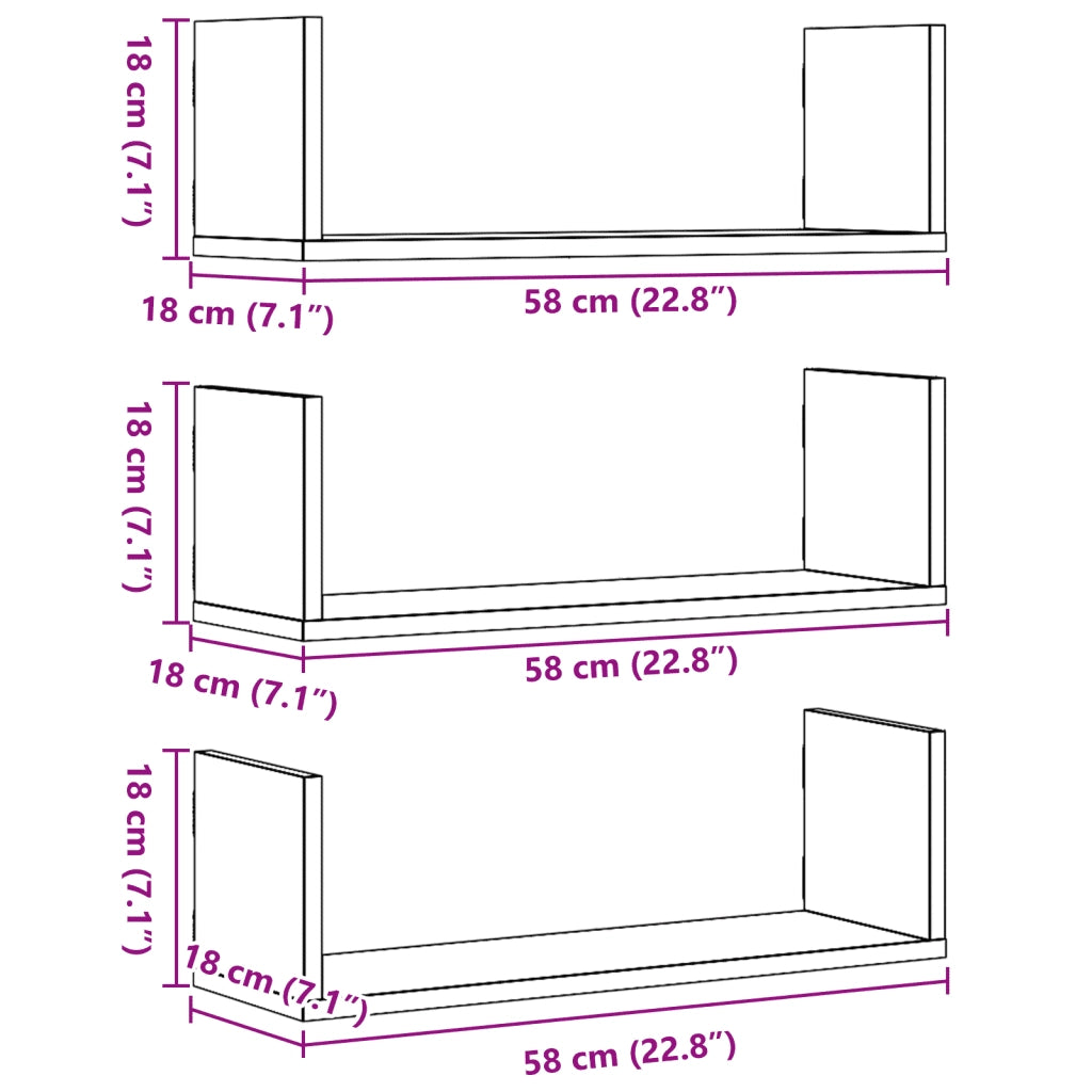 vidaXL Mensole da Parete 3pz Legno Antico 58x18x18 cm in Truciolato