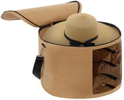 Cassa per cappelli in pelle di cammello, opaca, con coperchio, maniglia e cinturino per spalla, colore camel.